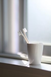 Two toothbrushes in a toothbrush holder